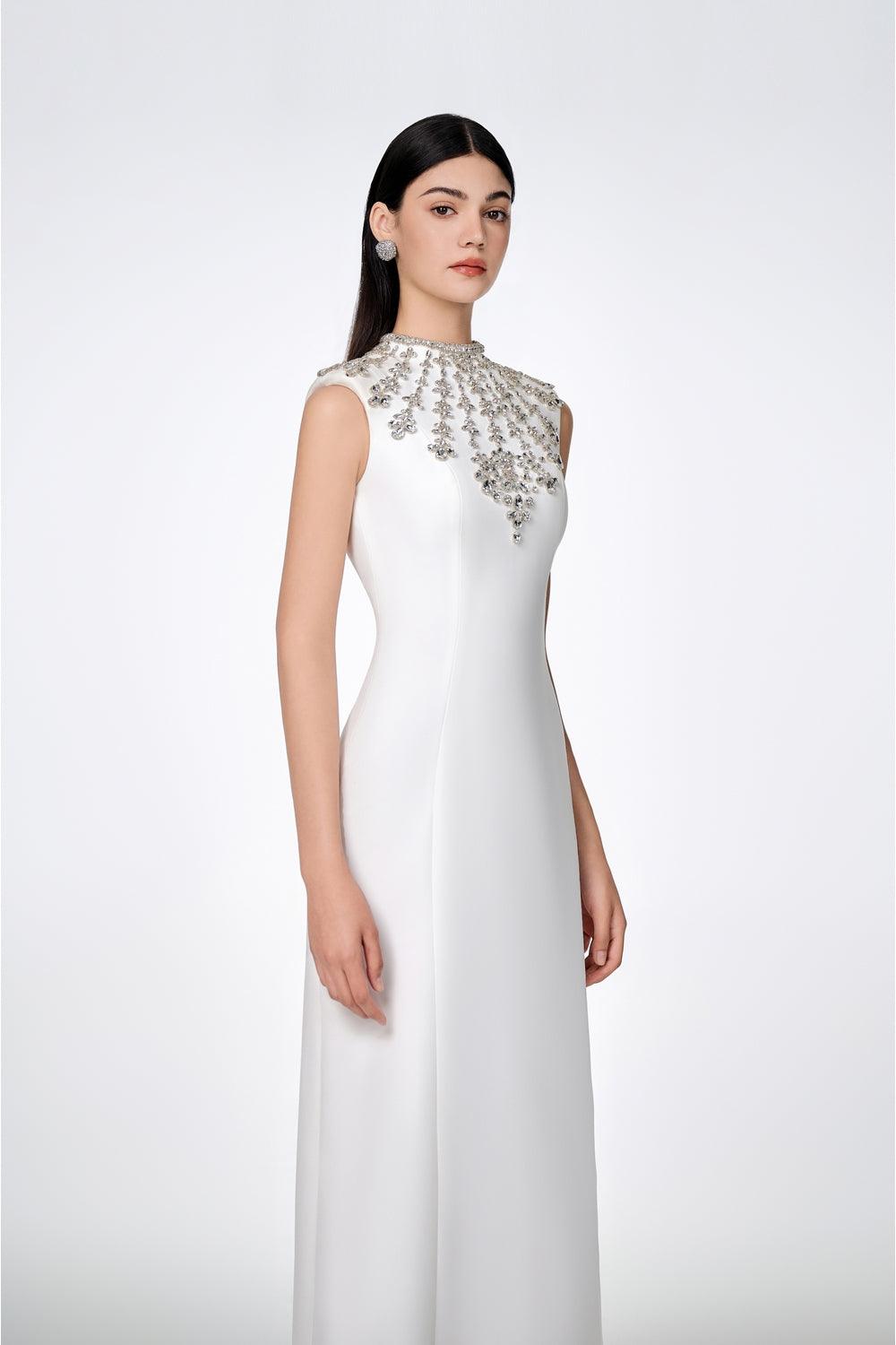 Sleeveless Bodycon Full Dress With Stone Embellishment - TRACY COUTURE